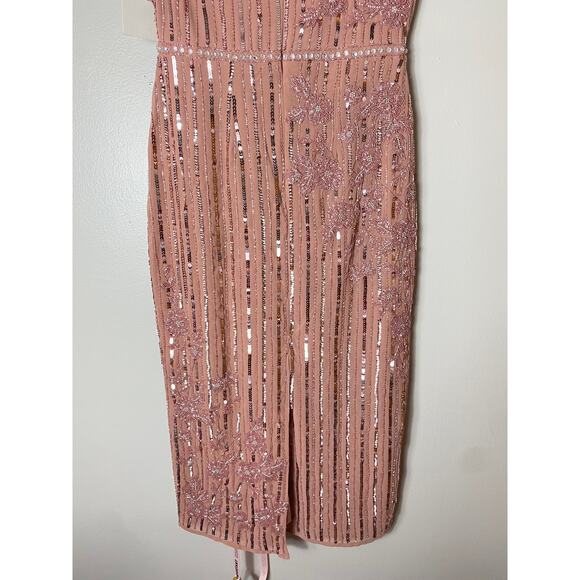 NWT MAC DUGGAL DRESS 4 PINK FLORAL BEADED SEQUIN EMBELLISHED STRIPED MIDI ROSE - Picture 15 of 16